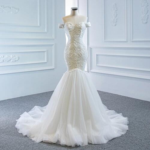 Short Sleeve Lace Up Back Sweetheart Neck Full Beading Pearls Appliques Tulle Luxury Mermaid Wedding Dress Real Pictures