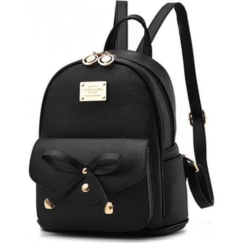 Bow-tie front pocket PU leather backpacks solid color women backpacking packs socialite style bookbags for girls