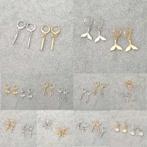 1Pair Vintage Minimalist Cross Lightning Hoop Earrings For Women Men Punk Cute Elephant Moon Leaf Small Ear Stud Jewelry E659