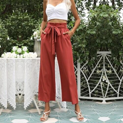 Spring Summer New Women Casual Loose High Waist Wide Leg Pants MID Ankle-Length Flared Trousers Ninth Bottoms Ladies Bell-Bottom