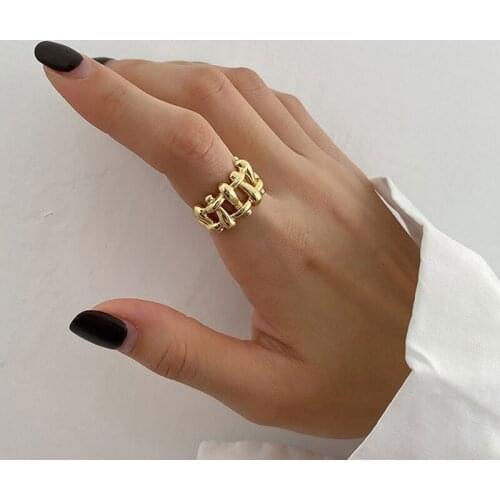 Vintage 2021 New Retro Metal Geometric Irregular Hollow Weave Wide Adjustable Finger Rings For Women Punk Girls Party Jewelry