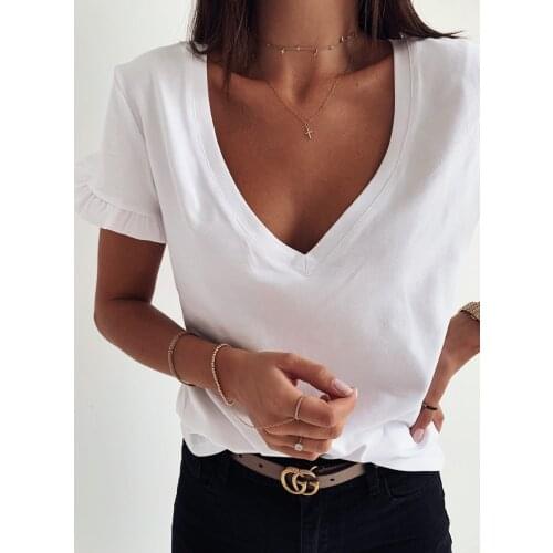 Womens T Shirt Summer 2021 Short Sleeve Sexy V Neck Summer Tees Ladies Top Casual Loose T Shirt Fashion Girls Shirts Women Tops