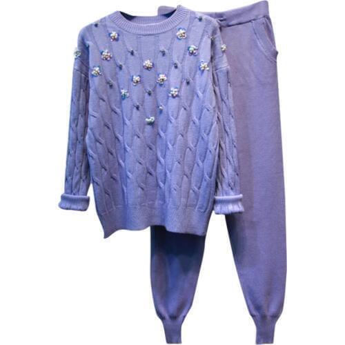Women autumn winter Flower Beading Knit Sweater Pullovers+Pants Two pieces Sets Knit Wool Blends Trousers Sets