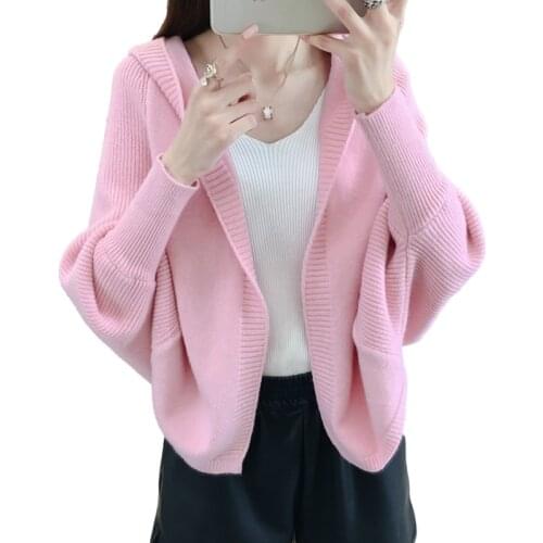Spring Autumn V-Neck Long Sleeve Hooded Knitting Sweater Women Casual Tops Korean 6 Color Short Knitted Sweaters Cardigan Female