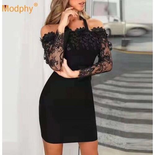 2019 Autumn New Christmas Sexy Long Sleeve Open Shoulder Cutout Lace Patch Bandage Dress Lady Bodycon Dress Party Party Vestidos
