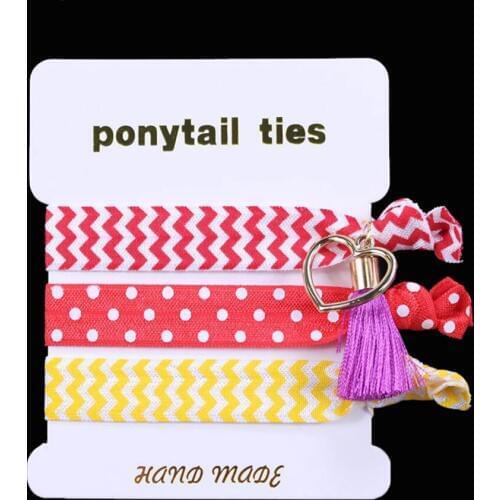 10sets/lot (30 pcs) Boutique chevron dots Girls' FOE Elastic Hair heart tassel accessaries hairban ties