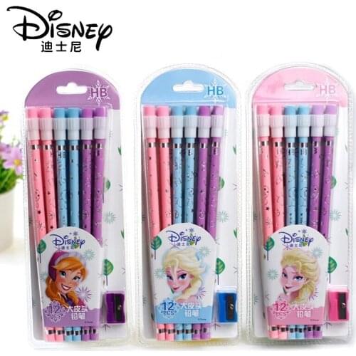 12 Disney Frozen Pencils With Cute Color Big Tip Eraser Sharpener Writing Drawing Pencil HB Pencil Office School Supplies Gift