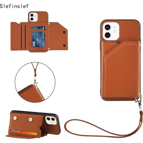 Lanyard Skin Feeling PU Leather Card Slots Stand Shockproof Phone Case for iPhone 12 Mini 11 pro max 7 8 Plus X Xs XR Back Cover