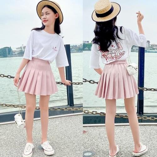 Summer Children Print T-shirt Pleated Skirt 2-piece Set For Girl Fashion Kids Cotton Short Sleeve Skirts Clothes Suit Outfits