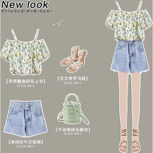 Denim Shorts Suit Summer New One-shoulder Floral Blouse + Small Shirt High Waist Slimming Shorts Two-piece Suit