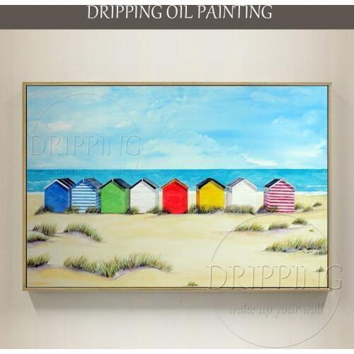 Top Artist Hand-painted Modern Wall Art Colorful Beach Houses Oil Painting on Canvas Beautiful Seaside Beach Houses Oil Painting