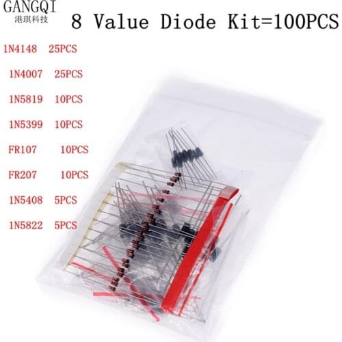 Diode Kit 1N4007 DIODE 1N4148 1N5819 1N5399 1N5408 1N5822 FR107 FR207 8 value=100pcs