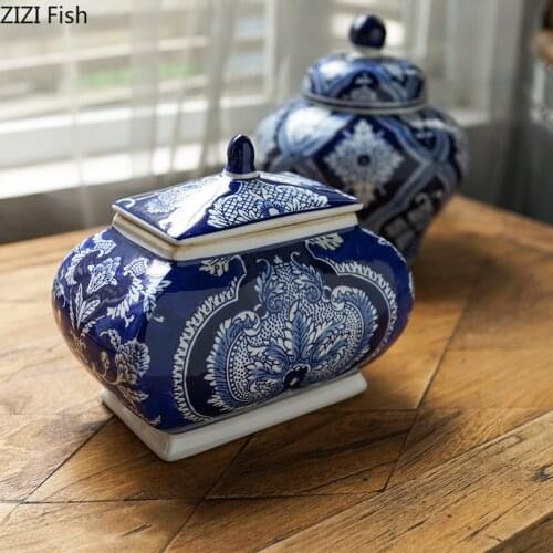 Creative Blue and White Porcelain General Jar Ceramic Flower Vase Flower Arrangement Household Tea Candy Sealed Storage Jar Home