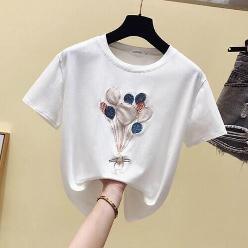 GGRIGHT 2020 Summer Print Sequin T-shirt Women Casual Embroidery Tees Women Knitted Cotton Tee Shirt Female Korean Tops Harajuku
