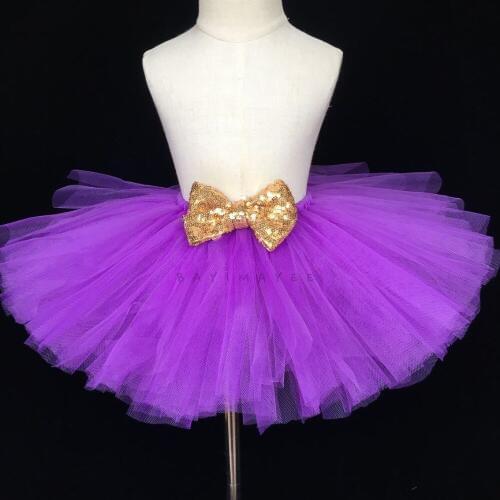 Lovely Girls Purple Tutu Skirt Girls Fluffy Tulle Pettiskirt Ballet Tutus with Gold Sequin Bow Kids Party Glitter Costume Skirts