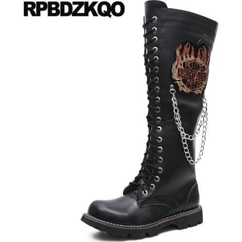 Black Faux Fur Shoes Knee High Waterproof Mens Leather Tall Boots Motorcycle Runway Designer Metalic Winter Men Embellished Punk