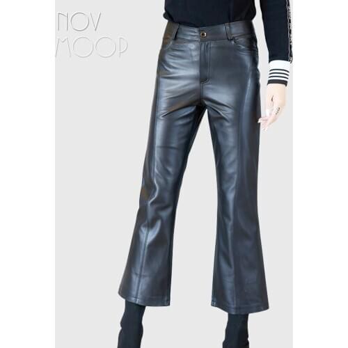Novmoop autumn spring black ankle length sheepskin genuine leather flare pants women trousers spodnie damskie calça LT2994
