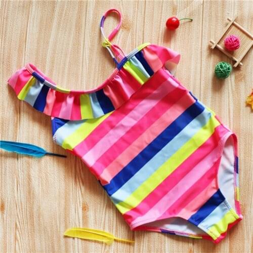Girls Rainbow Swimsuit Kids Two pieces Swimwear Striped Pattern Swimming Set for Children