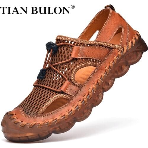 Summer Mesh Men Sandals Breathable Genuine Leather Casual Shoes Men Beach Sandals Handmade Outdoor Mens Slippers Plus Size 38-46