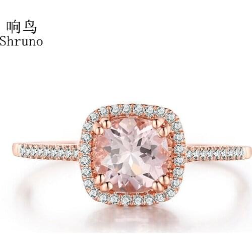 Shruno Solid 10K Rose Gold Flawless Cushion Cut 6x6mm Morganite Diamonds Engagement Wedding Ring Women Trendy Fine Jewelry Gift