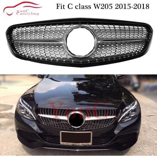 W205 Diamond Grille Classic Bumper Front Grill Mesh for Mercedes C W205 2015 - 2018 Standard Bumper C180 C200 C300 C400