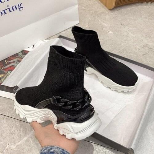 2021 Breathable Ankle Boot Women Socks Shoes Female Sneakers Casual Metal Chain Elasticity Wedge Platform Shoes Zapatillas Mujer