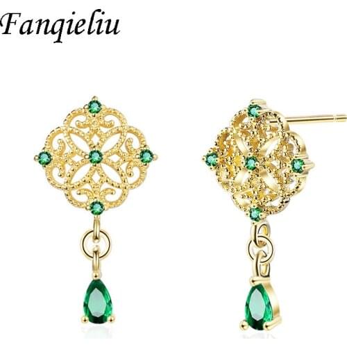 Fanqieliu Gold 925 Sterling Silver Stud Earrings For Women Green Crystal Earrings Luxury Jewelry Wedding Gift Girl FQL20380