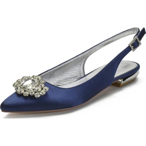 Lady pointed toe flats slingback evening dress shoes crystal big stone brooch bridal wedding party prom mother of bridal shoes