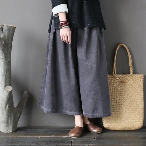 Women Cotton Winter Retro Vintage Washed Pants Ladies Wide Leg Solid Color Elastic Waist Wide Leg Trousers Corduroy Pants