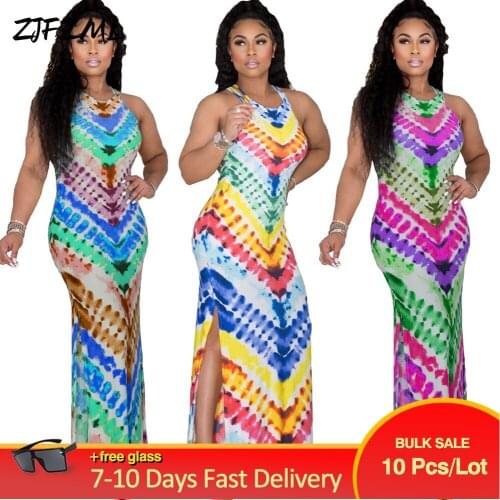 Bulk Items Wholesale Lots Womens Maxi Dress Summer Tie Dyeing Print Side High Split Sleeveless Body-shaping Floor Length Robe