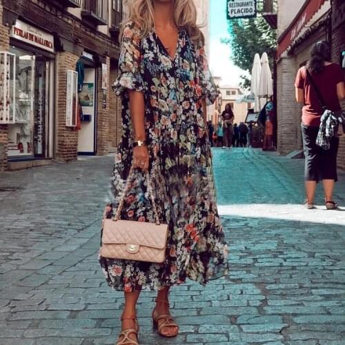 Womens spring and summer 2021 new floral V-neck translucent long dress