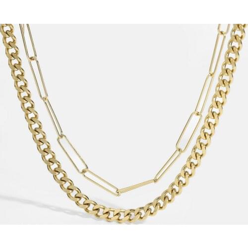 14K Gold Plated Stainless Steel Long Cross Chain Cuban Chain Double Layer Necklace For Women Men Punk Jewelry Accessories