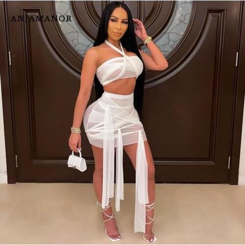 ANJAMANOR Sexy Sheer Mesh Two Piece Set Dress Shorts Sets Sexy Vacation Outfits Club Wear Halter Crop Top Mini Skirts D96-BC18