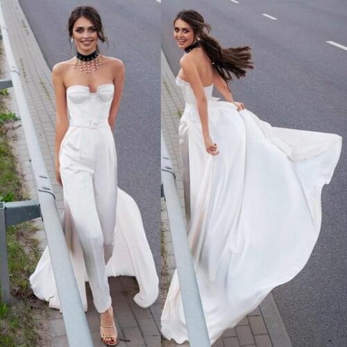 White Jumpsuits 2020 Beach Wedding Dresses Sweetheart Satin Bridal Gowns With Detachable Train Vestido De Novia