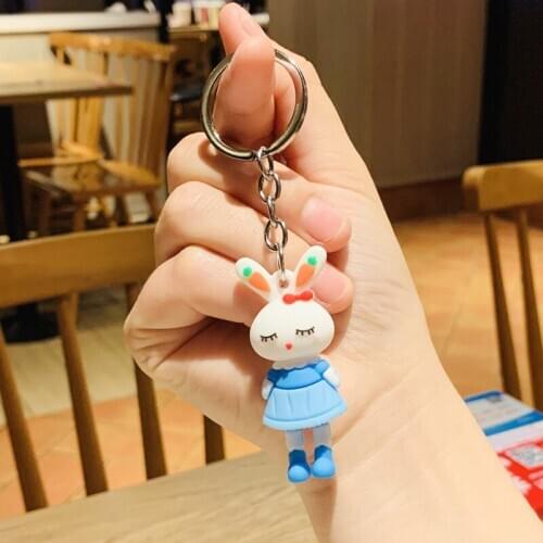 PCV Soft Silicone Rabbit Keychain Three-dimensional Cartoon Rabbit Cute Bag Charm Holder Pendant Car Key Ring Friend Gift