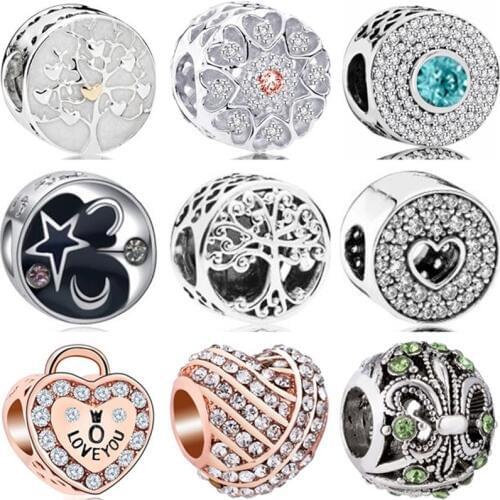 Btuamb High Quality Crystal Hollow Heart Shoes Moon Strawberry Sailboat Charms Beads Fit Pandora Bracelets for Women DIY Jewelry