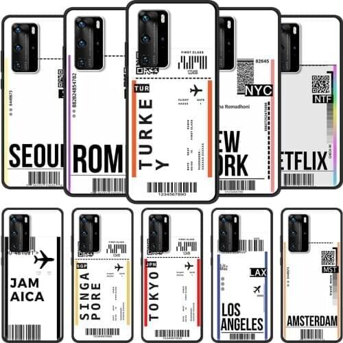 Luxury Phone Case for Huawei P30 Lite Pro P Smart Z 2019 2021 S P40 P20 P10 Lite Black Shell Cover Airline Ticket Barcode