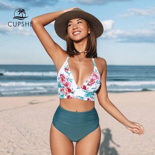 CUPSHE Ruffled Halter High-waist Bikini Sets Swimsuit For Women Sexy V-neck Tank Two Pieces Swimwear 2021 New Beach Bathing Suit