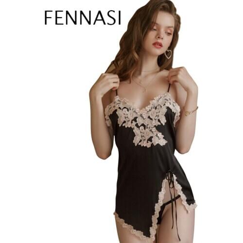 FENNASI Women Sexy Suspender Nightdress Net Yarn Perspective Water Soluble Temptation Split Female Erotic Lingerie
