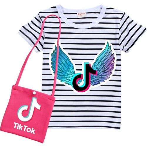 TIK TOK Summer Girls Kids Cute Striped Cotton T Shirt+ Print Bag Baby Children Home Stripe T-shirt Tops Tees Wear Clothes