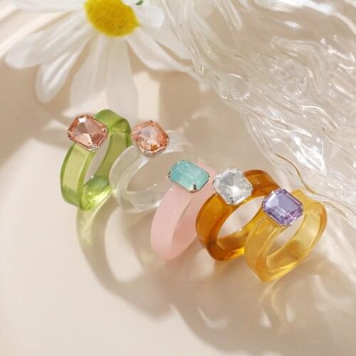 Ins Aesthetic Colorful Transparent Resin Acrylic Crystal Korean Geometric Irregular Square Rings for Women Trendy Jewelry