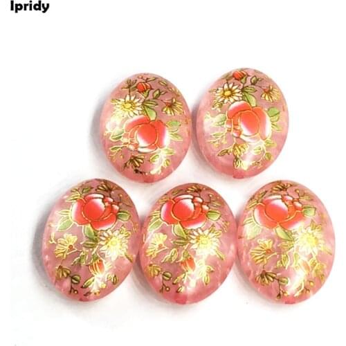 Ipridy Peach color Japan Painting Vintage Japanese Drawing Beads Oval the bottom of color Flower Pattern 20X29mm 5 Pcs /lot