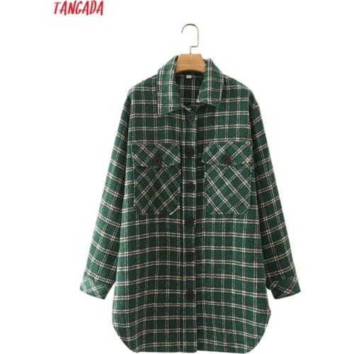 Tangada Women Green Plaid Woolen Thick Coats Jacket Loose Pocket 2021 Ladies Elegant Autumn Winter Coat 2M196