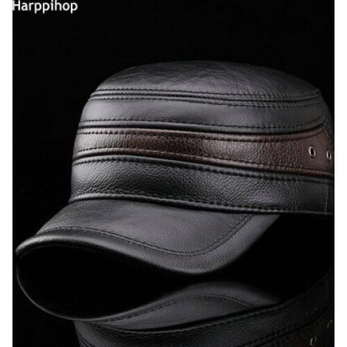 HARPPIHOP FUR Fashion sheepskin military hat cadet cap hat for man genuine leather hat quinquagenarian hat thermal ear