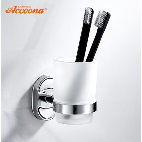 Accoona Bath Wall Mounted Toothbrush Tooth Cup Holder With Glass Cup Bath Single Cup Rack Bathroom Accessories A11203