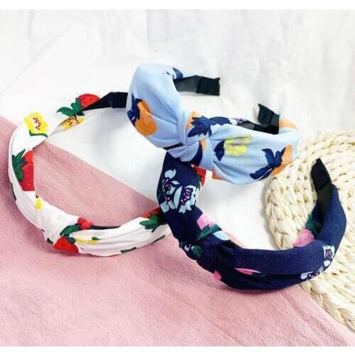 Printing Flower Knotted Hairbands for Women Cartoons Strawberry Hair Hoop Girls Headband Make Up Hair Accessories FG058