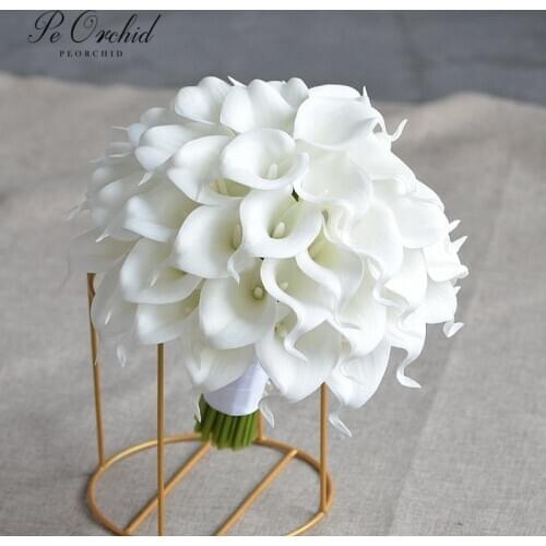 PEORCHID Beach Style White Calla Lily Wedding Bouquets Artifical Brides Hand Holding flowers Faux Bridal Bouquet De fleur Decor