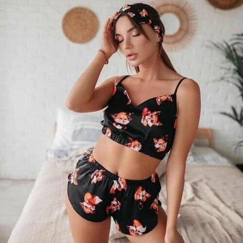 Sexy Sleepwear Lovely Summer Pyjamas Women 2 Piece Set Casual Satin Animales Pattern V Neck Crop Top Corset Satin Pajamas