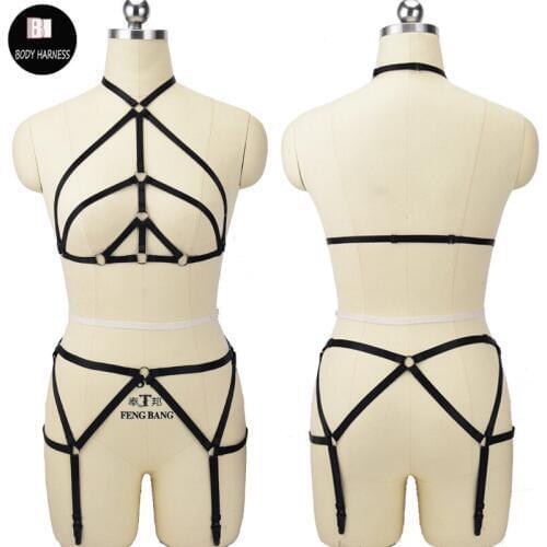 Crop Top Harness Bra+Garter Belt Sexy Women Bondage Body Harness Fetish Wear Gothic Body Cage Gothic Rave Leg Stockings Belt