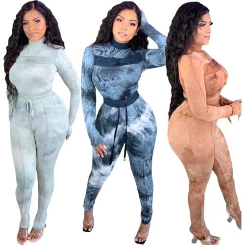 Tie Dye Two Pieces Sets Women Long Sleeve Crop Top Shirt And Drawstring Elastic Waist Pants Woman Clothes Outfits Lounge Set